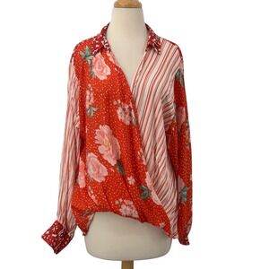 Umgee USA Long Sleeve Faux Wrap‎ Mixed Print Floral/Stripe Blouse Red/White Sz M